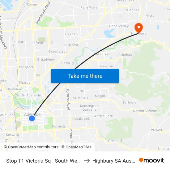 Stop T1 Victoria Sq - South West side to Highbury SA Australia map