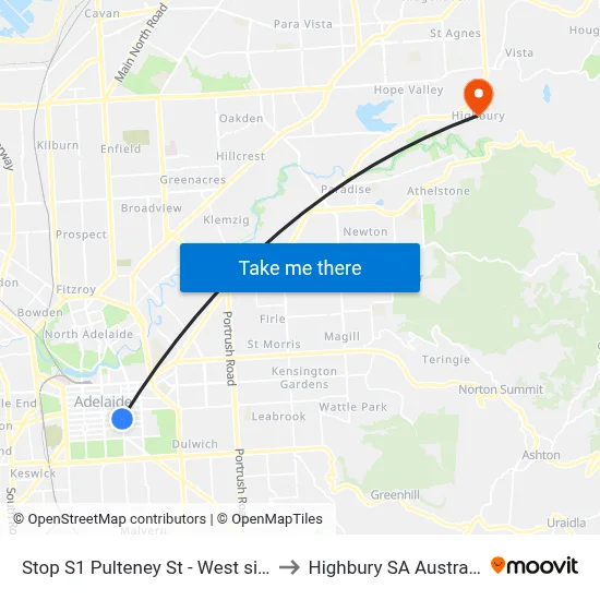 Stop S1 Pulteney St - West side to Highbury SA Australia map