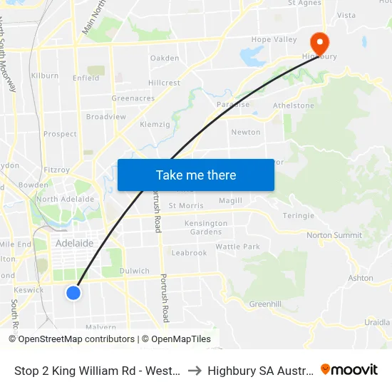 Stop 2 King William Rd - West side to Highbury SA Australia map