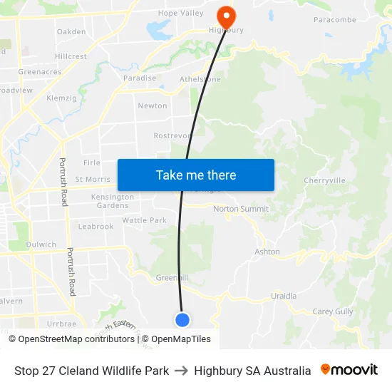Stop 27 Cleland Wildlife Park to Highbury SA Australia map