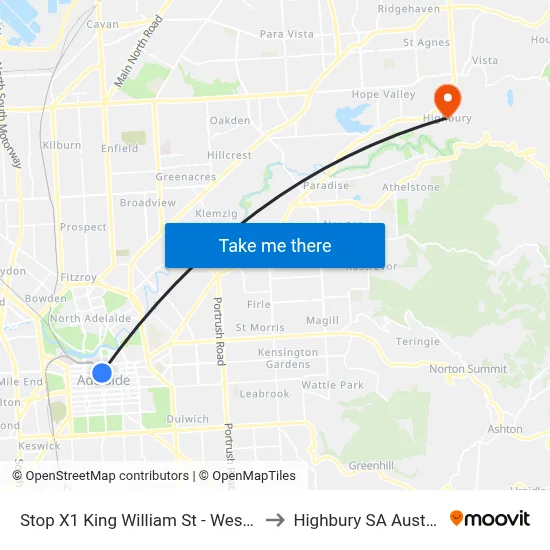 Stop X1 King William St - West side to Highbury SA Australia map