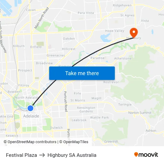 Festival Plaza to Highbury SA Australia map