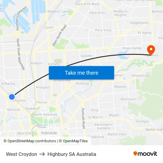 West Croydon to Highbury SA Australia map