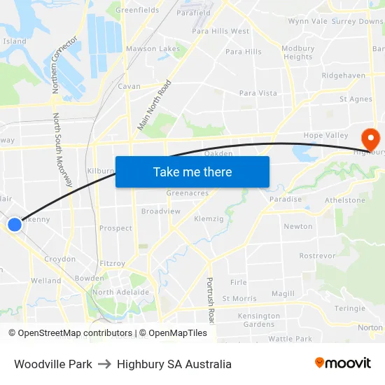 Woodville Park to Highbury SA Australia map