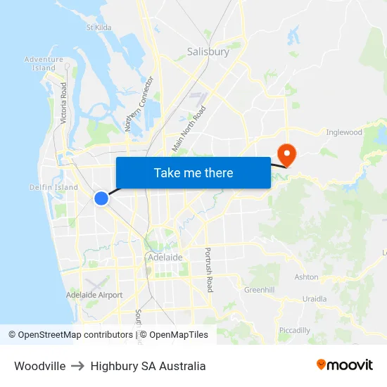 Woodville to Highbury SA Australia map