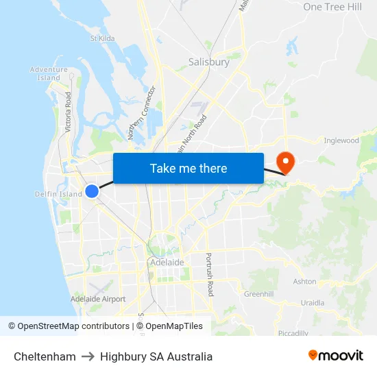 Cheltenham to Highbury SA Australia map
