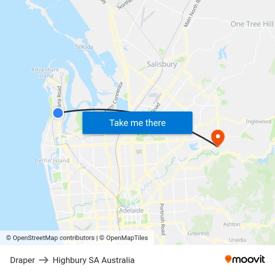 Draper to Highbury SA Australia map