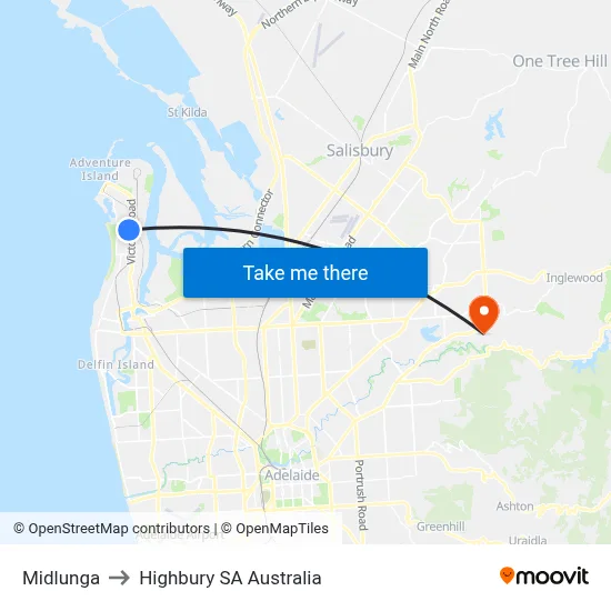 Midlunga to Highbury SA Australia map