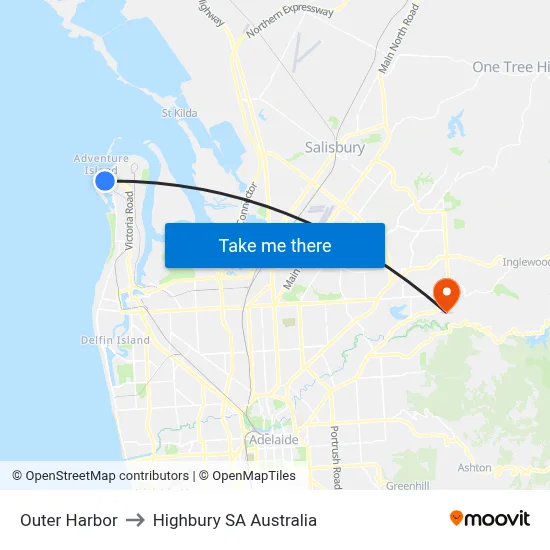 Outer Harbor to Highbury SA Australia map