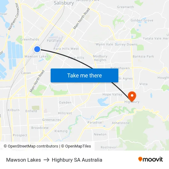 Mawson Lakes to Highbury SA Australia map