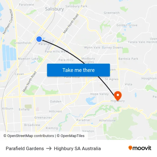 Parafield Gardens to Highbury SA Australia map