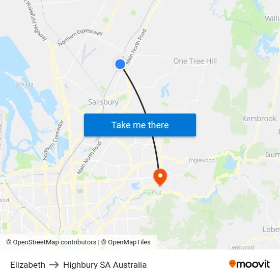 Elizabeth to Highbury SA Australia map