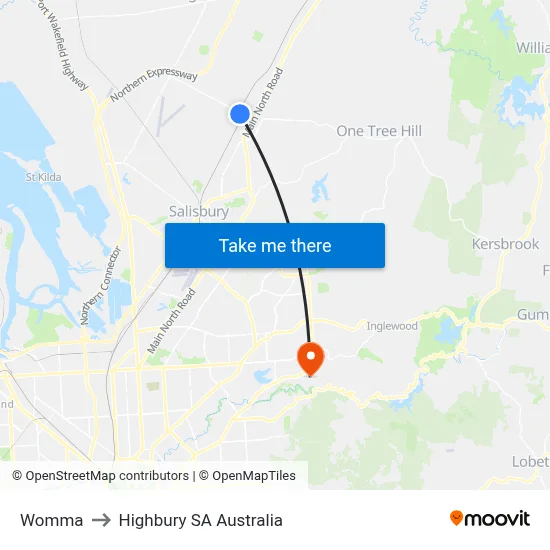 Womma to Highbury SA Australia map