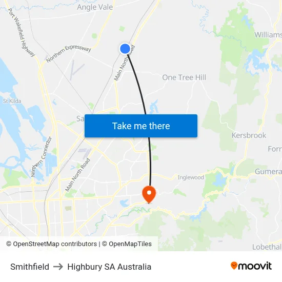 Smithfield to Highbury SA Australia map