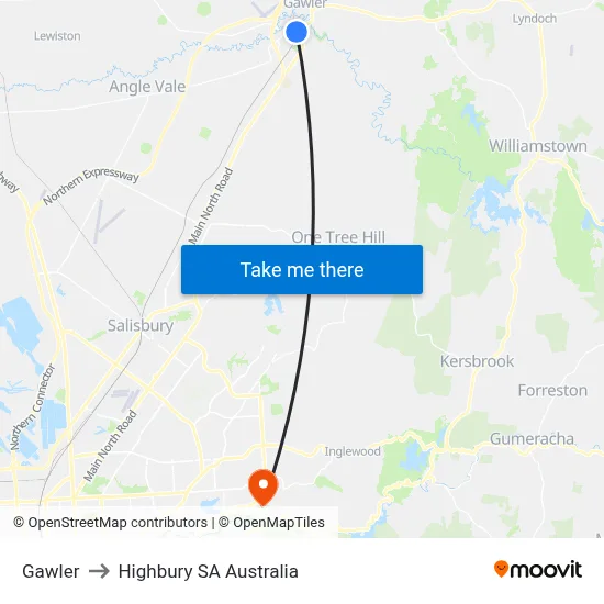 Gawler to Highbury SA Australia map