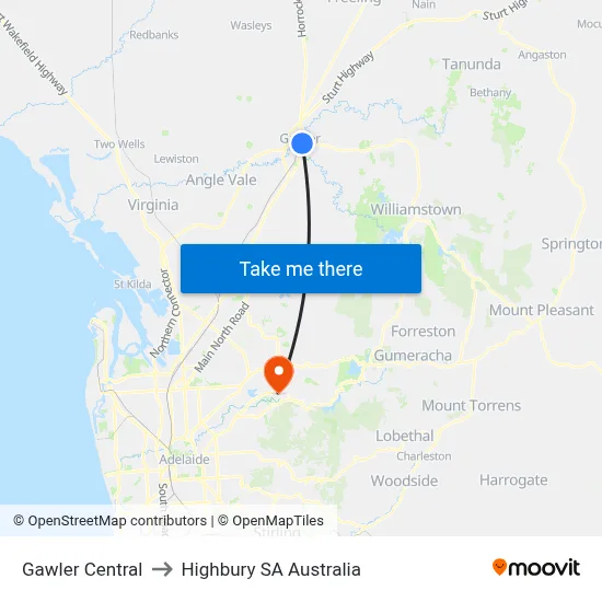 Gawler Central to Highbury SA Australia map