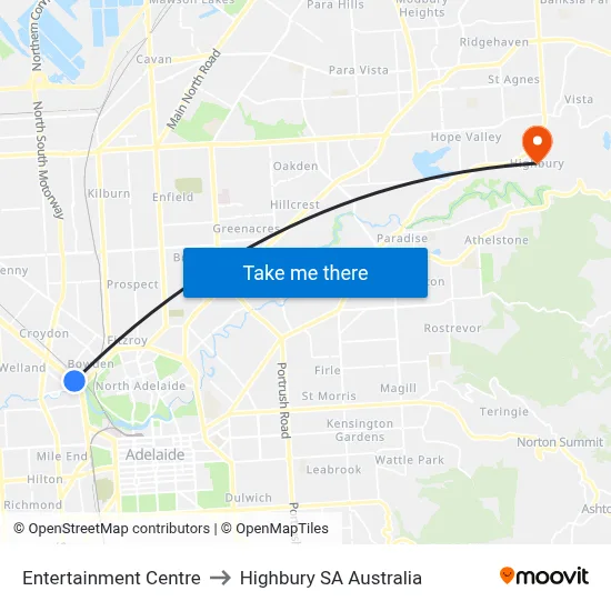 Entertainment Centre to Highbury SA Australia map