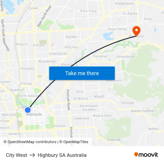 City West to Highbury SA Australia map