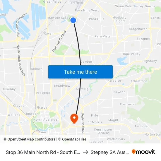 Stop 36 Main North Rd - South East side to Stepney SA Australia map