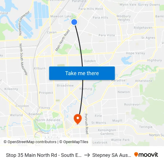 Stop 35 Main North Rd - South East side to Stepney SA Australia map