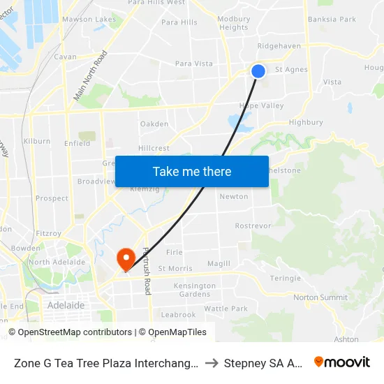 Zone G Tea Tree Plaza Interchange - East side to Stepney SA Australia map