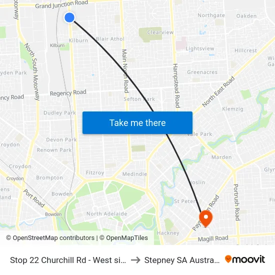 Stop 22 Churchill Rd - West side to Stepney SA Australia map