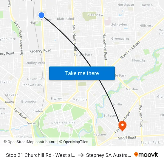 Stop 21 Churchill Rd - West side to Stepney SA Australia map