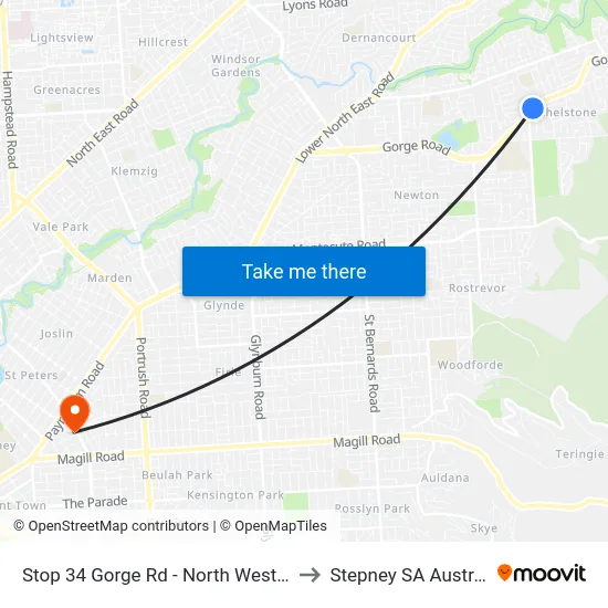 Stop 34 Gorge Rd - North West side to Stepney SA Australia map