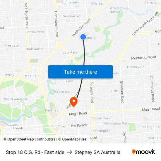 Stop 18 O.G. Rd - East side to Stepney SA Australia map