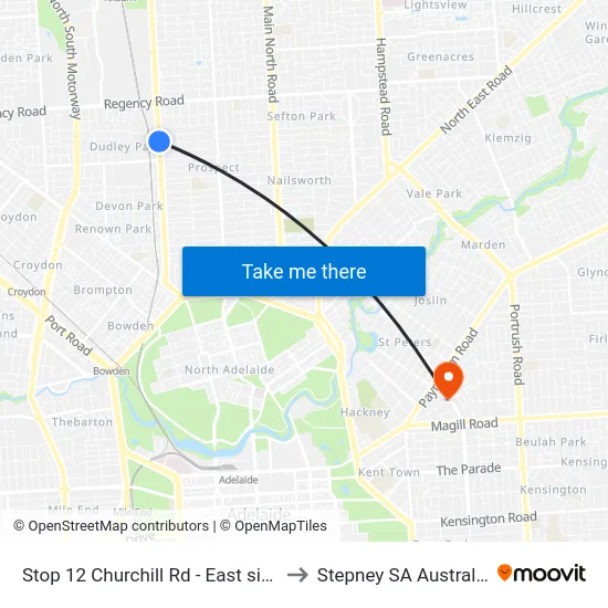 Stop 12 Churchill Rd - East side to Stepney SA Australia map