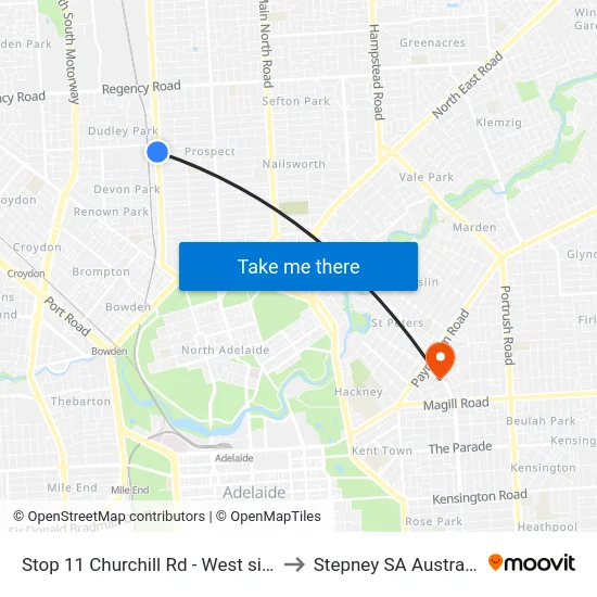 Stop 11 Churchill Rd - West side to Stepney SA Australia map