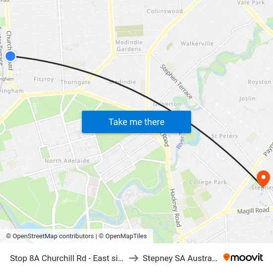 Stop 8A Churchill Rd - East side to Stepney SA Australia map
