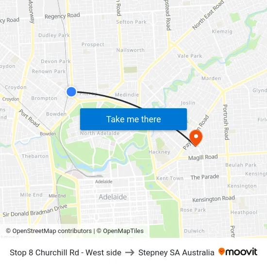 Stop 8 Churchill Rd - West side to Stepney SA Australia map