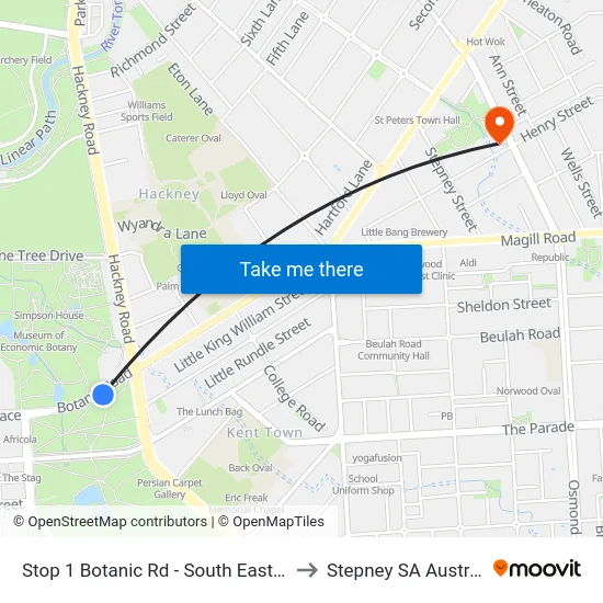 Stop 1 Botanic Rd - South East side to Stepney SA Australia map