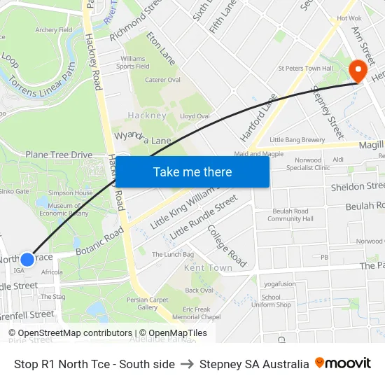 Stop R1 North Tce - South side to Stepney SA Australia map
