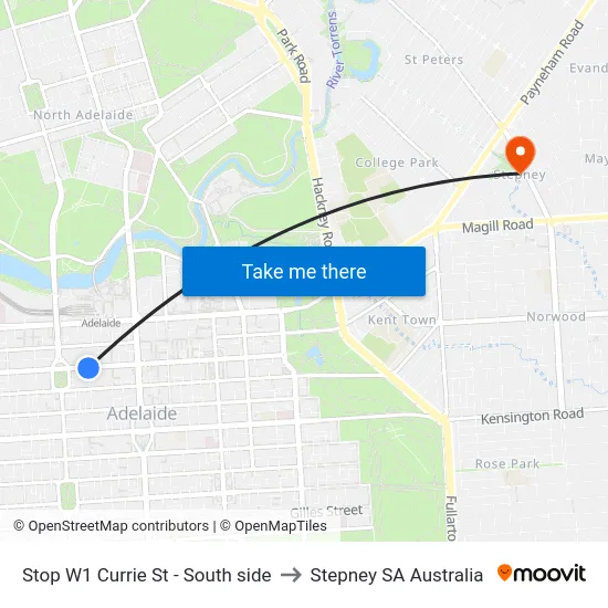 Stop W1 Currie St - South side to Stepney SA Australia map