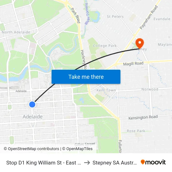 Stop D1 King William St - East side to Stepney SA Australia map