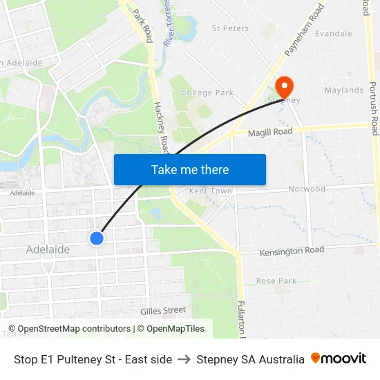 Stop E1 Pulteney St - East side to Stepney SA Australia map
