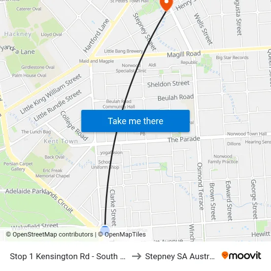 Stop 1 Kensington Rd - South side to Stepney SA Australia map