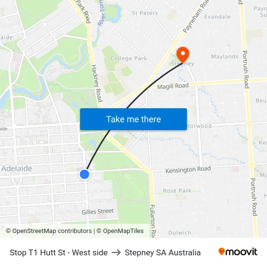 Stop T1 Hutt St - West side to Stepney SA Australia map