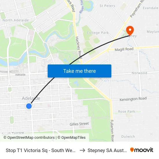 Stop T1 Victoria Sq - South West side to Stepney SA Australia map