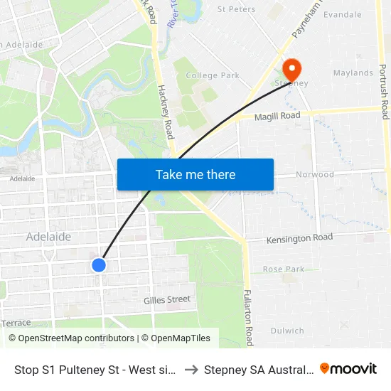 Stop S1 Pulteney St - West side to Stepney SA Australia map