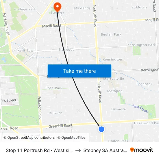 Stop 11 Portrush Rd - West side to Stepney SA Australia map