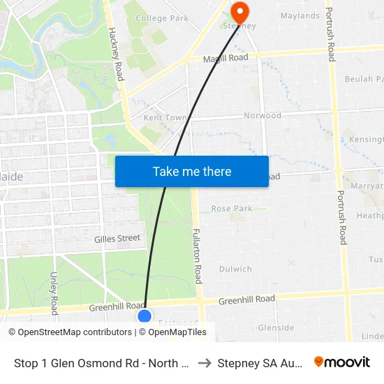 Stop 1 Glen Osmond Rd - North East side to Stepney SA Australia map