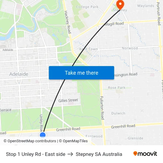 Stop 1 Unley Rd - East side to Stepney SA Australia map