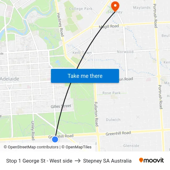 Stop 1 George St - West side to Stepney SA Australia map