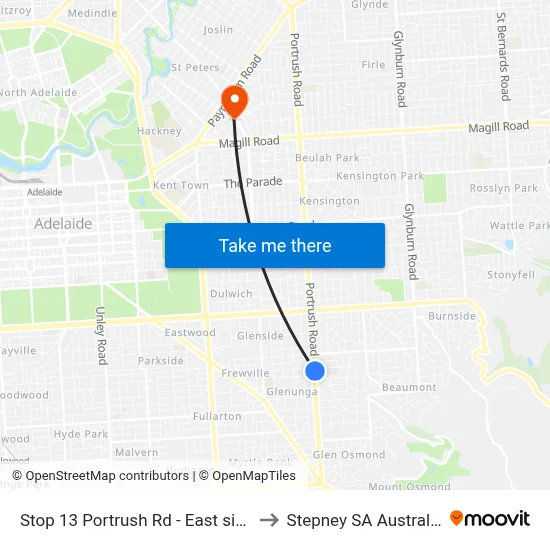 Stop 13 Portrush Rd - East side to Stepney SA Australia map