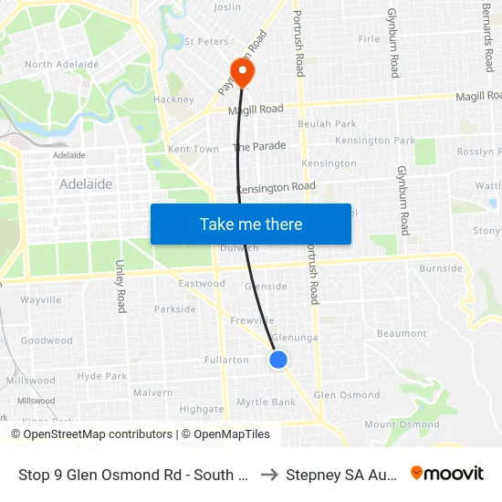 Stop 9 Glen Osmond Rd - South West side to Stepney SA Australia map