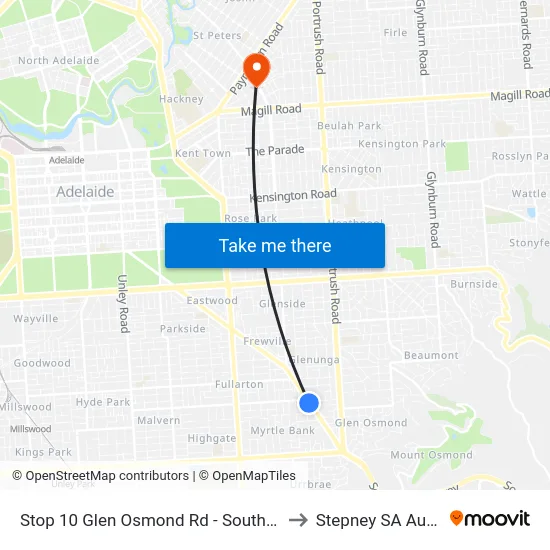 Stop 10 Glen Osmond Rd - South West side to Stepney SA Australia map