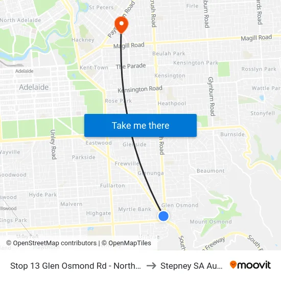 Stop 13 Glen Osmond Rd - North East side to Stepney SA Australia map